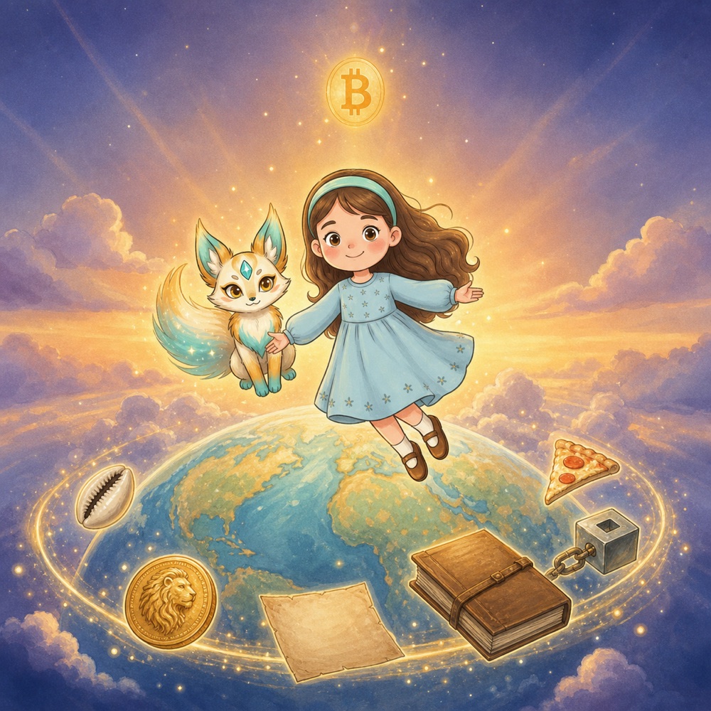 Buchcover: Sunniva schwebt mit dem Lichtfuchs Sati über einer Weltkugel, die von Muschel, Löwenmünze, Papiergeld, Hauptbuch und einem leuchtenden Block umkreist wird; darüber geht ein goldenes Bitcoin-Zeichen auf.