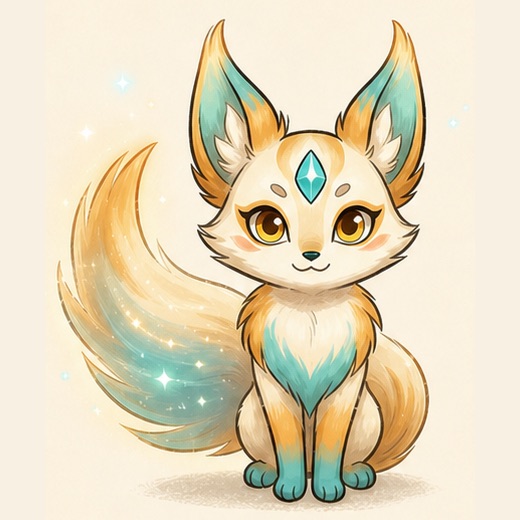 Sati, ein kleiner Fuchs aus Licht mit cremeweißem Fell, gold-türkiser Zeichnung, großem Kometenschweif und einem türkisfarbenen, rautenförmigen Stein auf der Stirn.