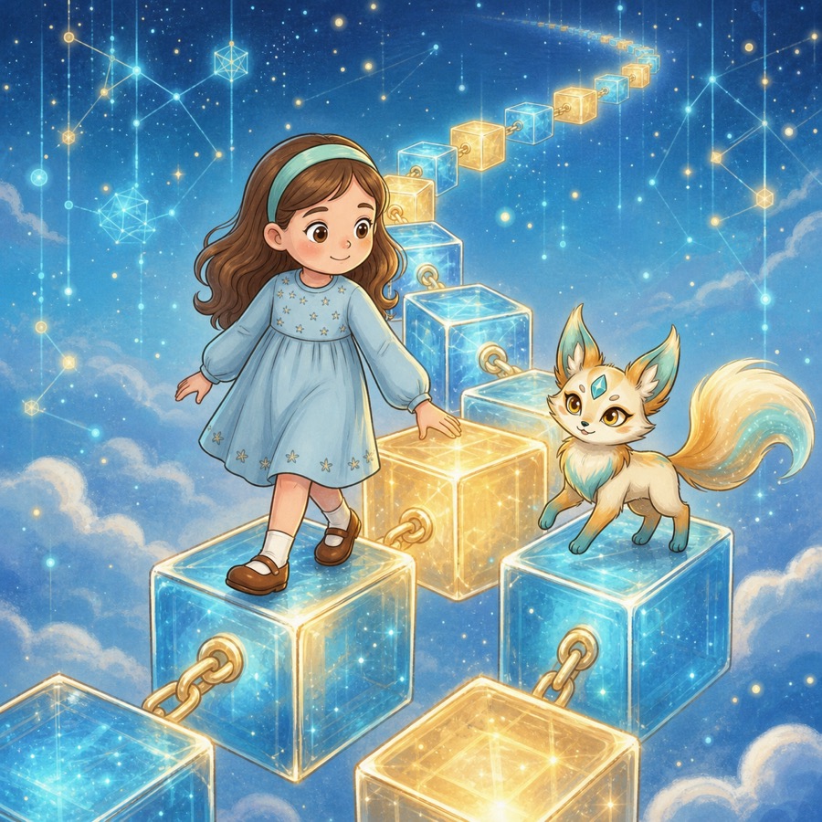 Sunniva geht über leuchtende Würfel, die mit goldenen Ketten verbunden sind, hoch über den Wolken; Sati läuft neben ihr, die Kette der Blöcke führt in die Ferne.