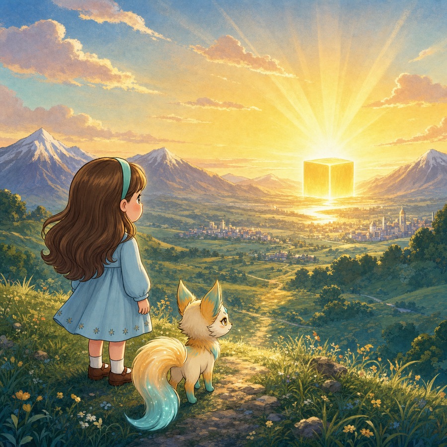 Sunniva und Sati stehen von hinten auf einem Hügel und blicken auf einen einzelnen leuchtenden Würfel, der mit der Sonne über dem Tal aufgeht.