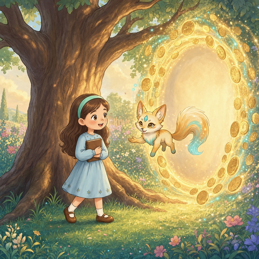 Sunniva steht mit ihrem Buch unter dem großen Apfelbaum, während Sati zu einem türgroßen Ring aus leuchtenden Goldmünzen springt.