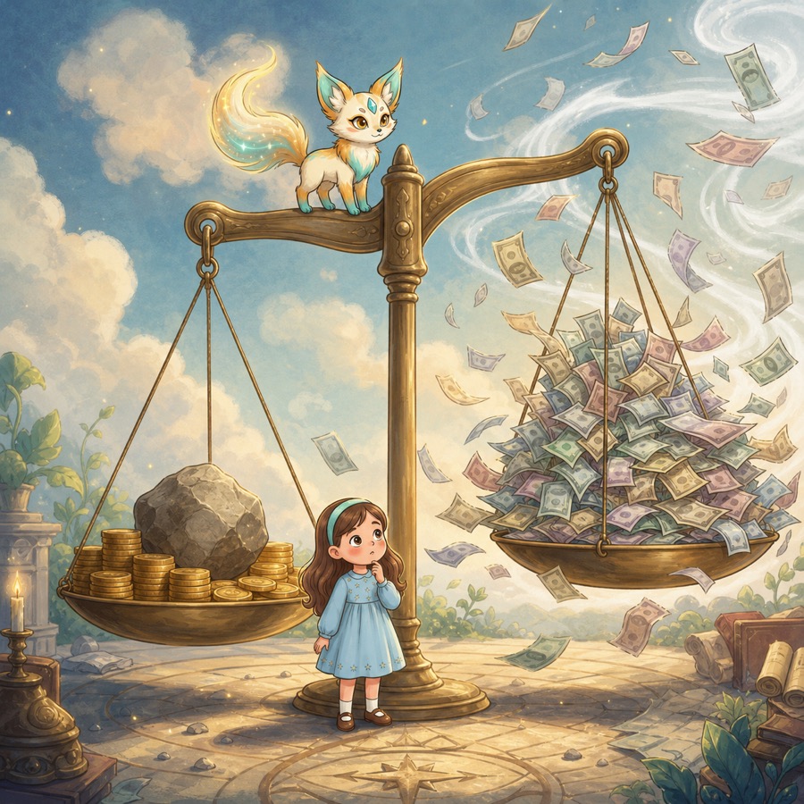 Eine große Waage: links Goldmünzen und ein schwerer Stein, rechts ein Haufen Papierscheine, die im Wind davonwehen. Sunniva blickt hinauf, Sati sitzt auf dem Waagebalken.
